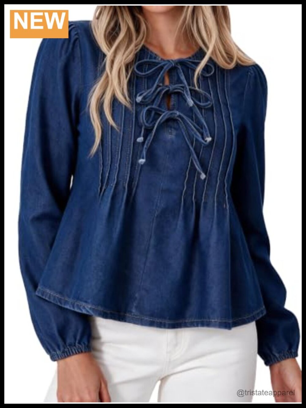 Women's Babydoll Peplum Denim Top Bow Tie Front Jean Shirt Long Sleeve Blouse